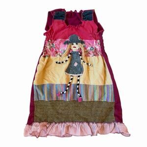 Vintage Patchwork Girls Ruffle Hem Dress With Rag Doll Appliqué Size 6